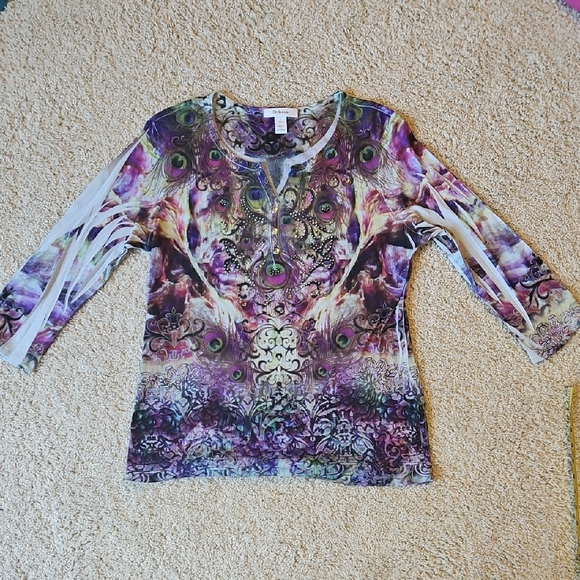 Style & Co. Tops - Style & Co Women's Purple Peacock-Print 3/4 Sleeve Top